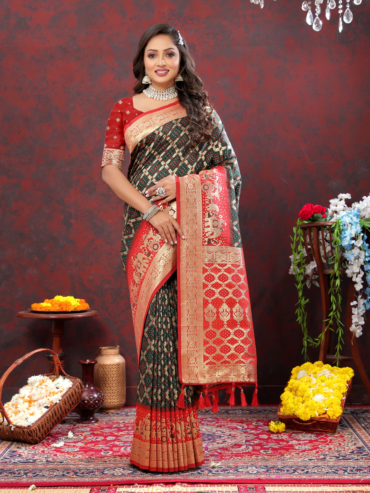 Black & Red Color Women's Soft Bandhani Printed Patola Silk meenakari weawing motifs with Rich Zari Pallu and contrast border with Tessels.