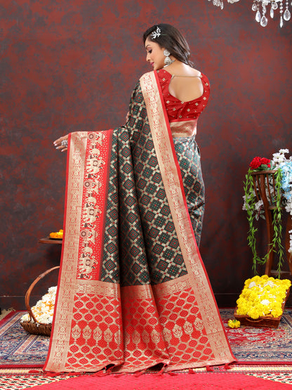 Black & Red Color Women's Soft Bandhani Printed Patola Silk meenakari weawing motifs with Rich Zari Pallu and contrast border with Tessels.