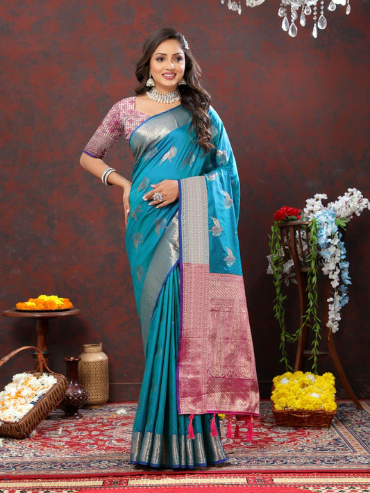 Light Blue Color Exclusive Soft Silk Zari Woven Work With Rich Pallu and Contrast Border With Tessels Women's Saree with Unstiched Blouse Pieces.