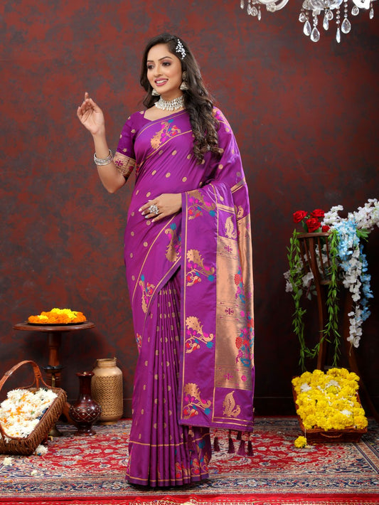 Light Purple Color Zari Woven Soft Paithani Silk Sarees With Rich Weaving Pallu with tassels.