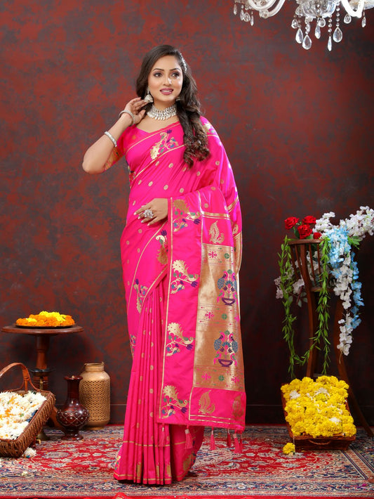 Dark Pink Color Golden Zari Woven Soft Paithani Silk Sarees With Rich Weaving Pallu with tassels.