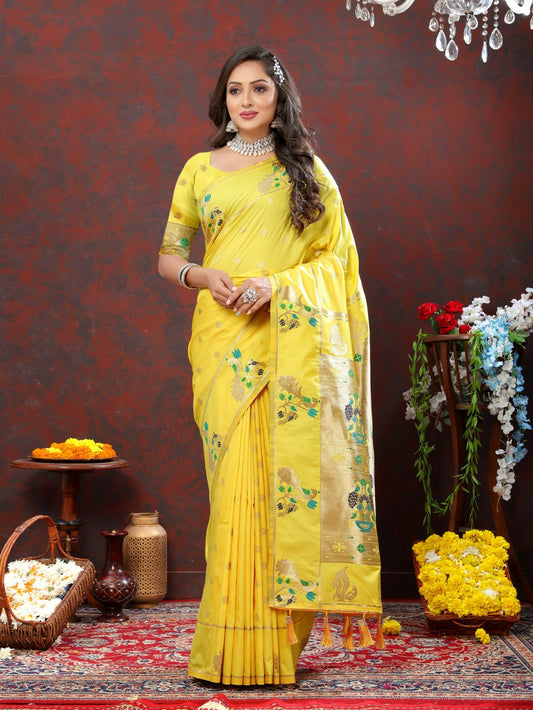 Yellow Color Golden Zari Woven Soft Paithani Silk Sarees With Rich Weaving Pallu with tassels.