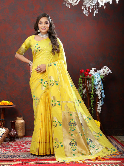 Yellow Color Golden Zari Woven Soft Paithani Silk Sarees With Rich Weaving Pallu with tassels.