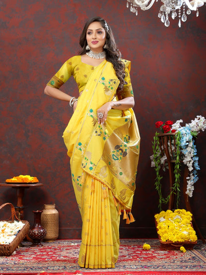 Yellow Color Golden Zari Woven Soft Paithani Silk Sarees With Rich Weaving Pallu with tassels.