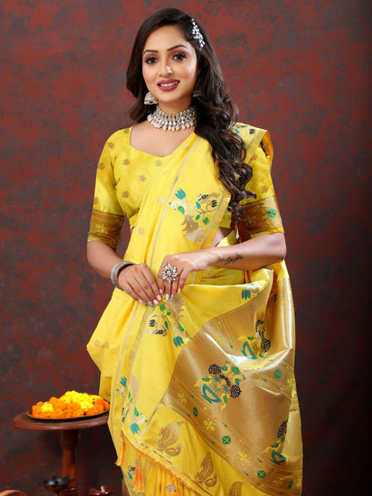 Yellow Color Golden Zari Woven Soft Paithani Silk Sarees With Rich Weaving Pallu with tassels.