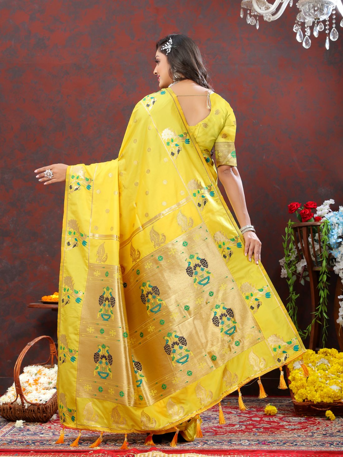 Yellow Color Golden Zari Woven Soft Paithani Silk Sarees With Rich Weaving Pallu with tassels.