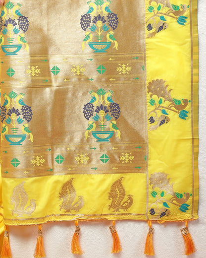 Yellow Color Golden Zari Woven Soft Paithani Silk Sarees With Rich Weaving Pallu with tassels.