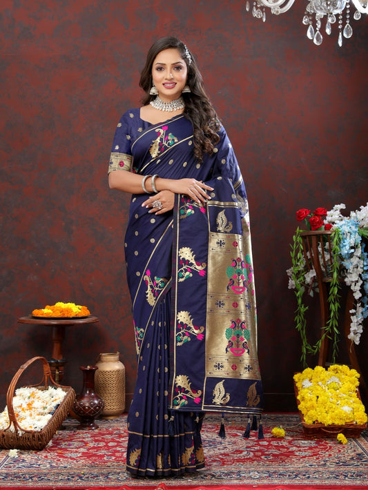 Nevy Blue Color Golden Zari Woven Soft Paithani Silk Sarees With Rich Weaving Pallu with tassels.