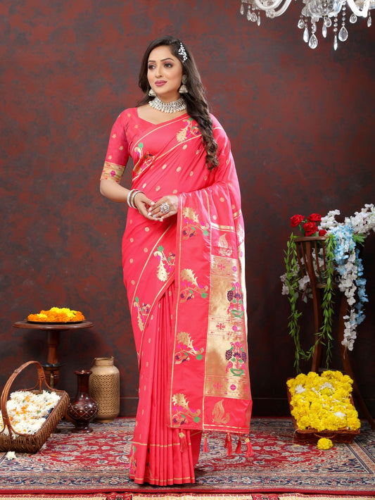 Peach Color Golden Zari Woven Soft Paithani Silk Sarees With Rich Weaving Pallu with tassels.