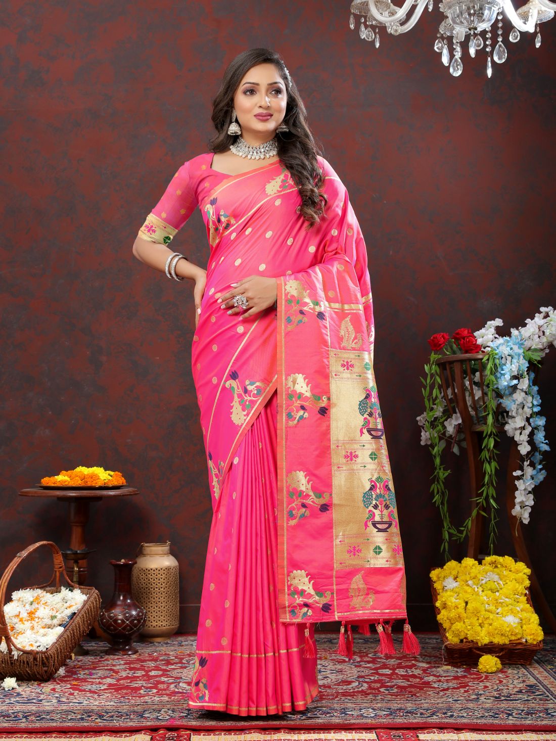 Light Pink Color Golden Zari Woven Soft Paithani Silk Sarees With Rich Weaving Pallu with tassels.