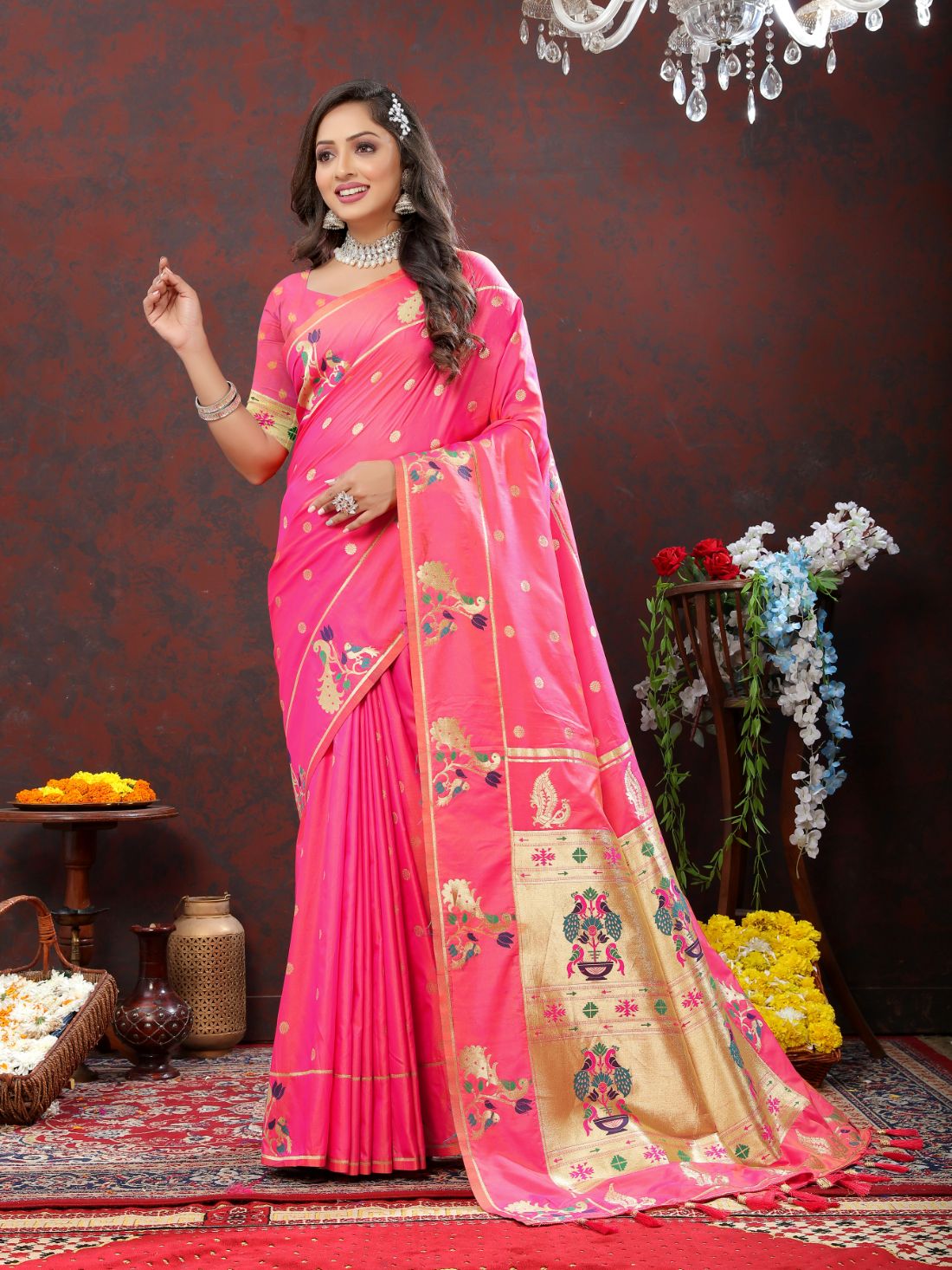 Light Pink Color Golden Zari Woven Soft Paithani Silk Sarees With Rich Weaving Pallu with tassels.