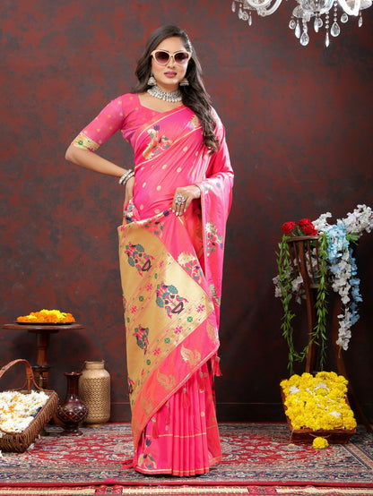 Light Pink Color Golden Zari Woven Soft Paithani Silk Sarees With Rich Weaving Pallu with tassels.