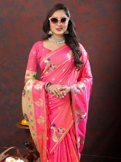 Light Pink Color Golden Zari Woven Soft Paithani Silk Sarees With Rich Weaving Pallu with tassels.