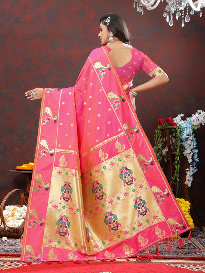 Light Pink Color Golden Zari Woven Soft Paithani Silk Sarees With Rich Weaving Pallu with tassels.