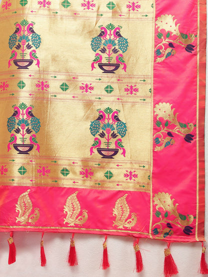 Light Pink Color Golden Zari Woven Soft Paithani Silk Sarees With Rich Weaving Pallu with tassels.