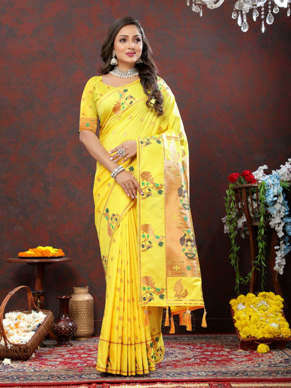 Light Yellow Color Zari Woven Soft Paithani Silk Sarees With Rich Weaving Pallu with tassels.