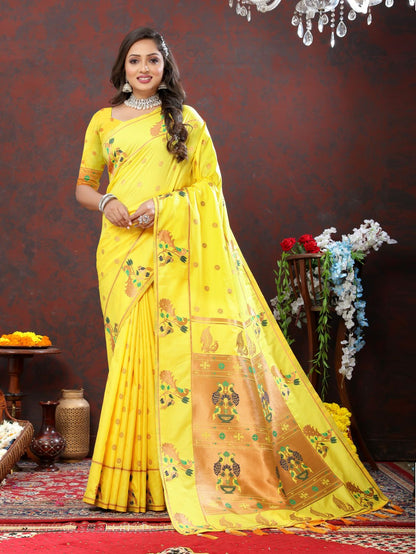 Light Yellow Color Zari Woven Soft Paithani Silk Sarees With Rich Weaving Pallu with tassels.