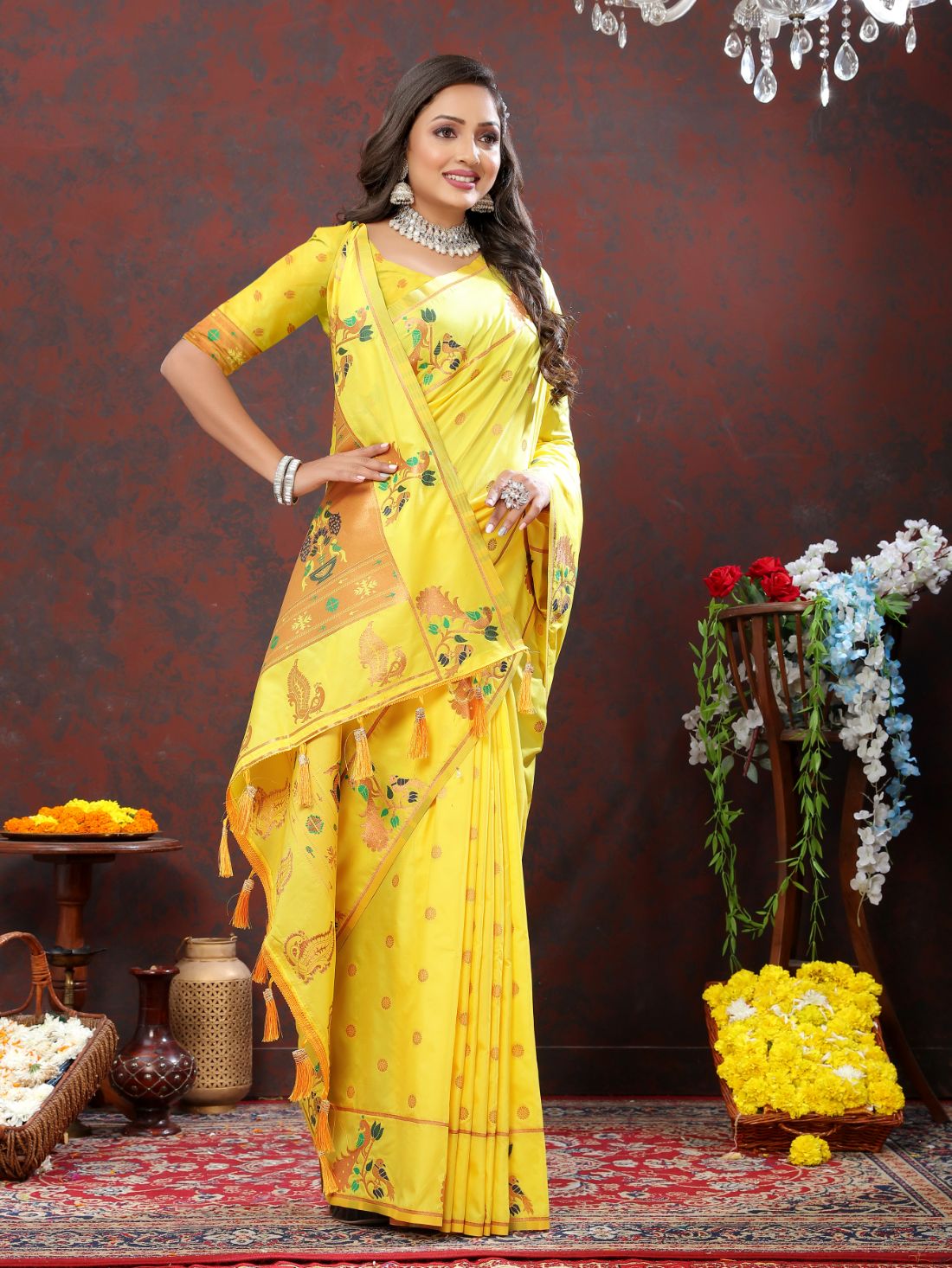 Light Yellow Color Zari Woven Soft Paithani Silk Sarees With Rich Weaving Pallu with tassels.