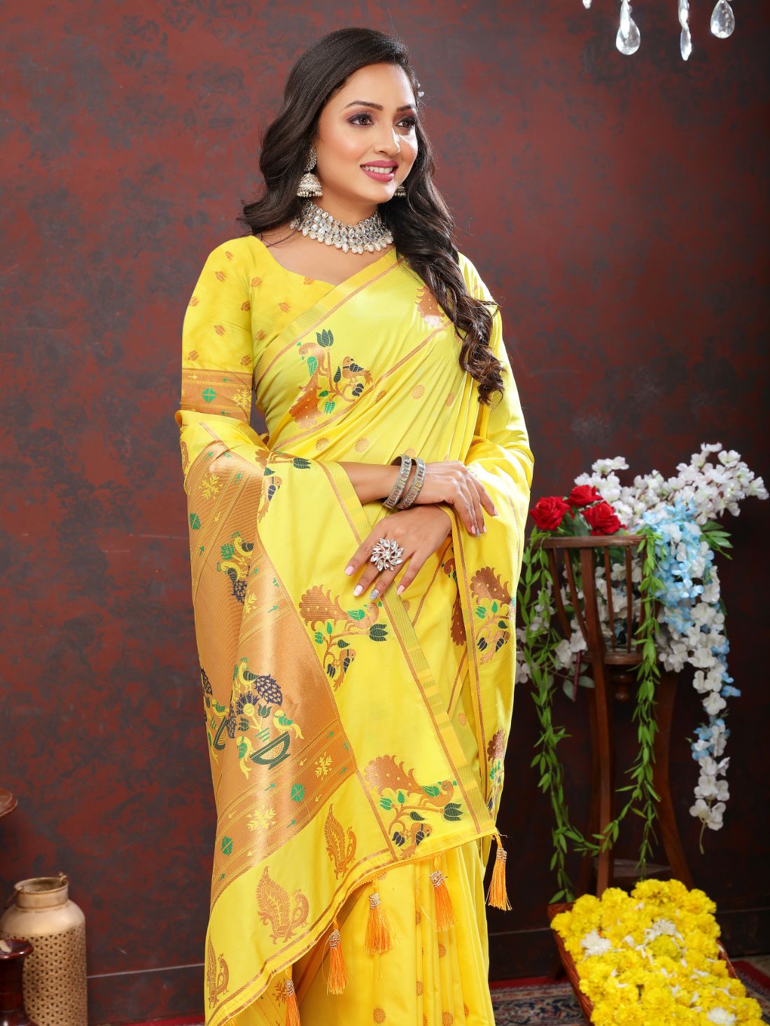 Light Yellow Color Zari Woven Soft Paithani Silk Sarees With Rich Weaving Pallu with tassels.