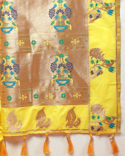 Light Yellow Color Zari Woven Soft Paithani Silk Sarees With Rich Weaving Pallu with tassels.