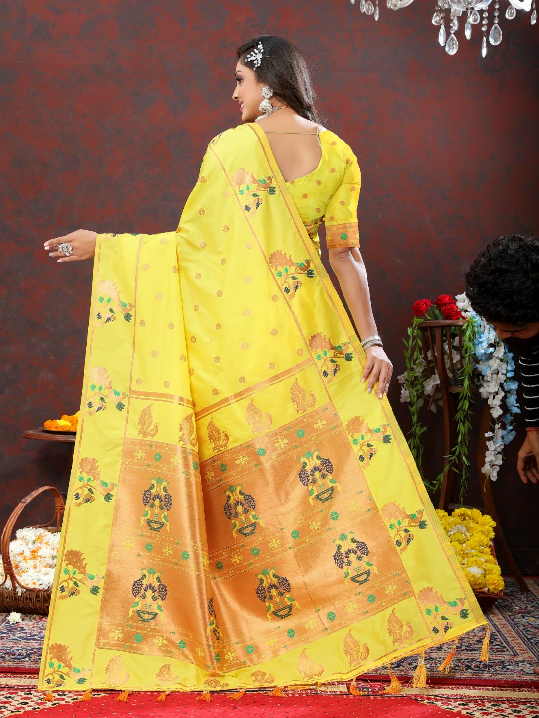 Light Yellow Color Zari Woven Soft Paithani Silk Sarees With Rich Weaving Pallu with tassels.