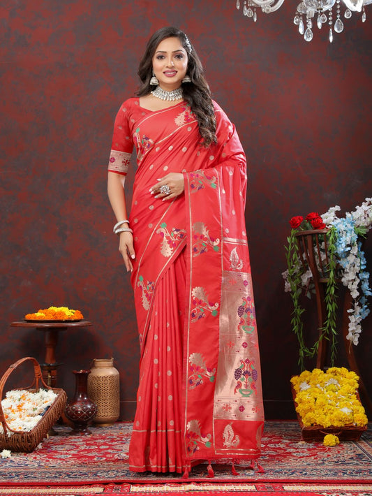 Red Color Zari Woven Soft Paithani Silk Sarees With Rich Weaving Pallu with tassels.