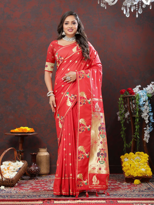 Red Color Golden Zari Woven Soft Paithani Silk Sarees With Rich Weaving Pallu with tassels