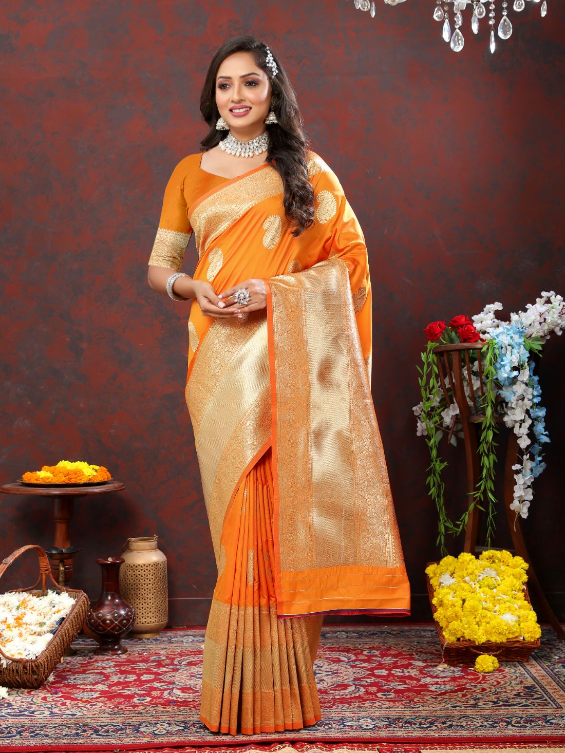 Orange Color Exclusive Soft Silk Zari Woven Work With Rich Pallu and Contrast Border With Tessels Women's Saree with Unstiched Blouse Pieces.