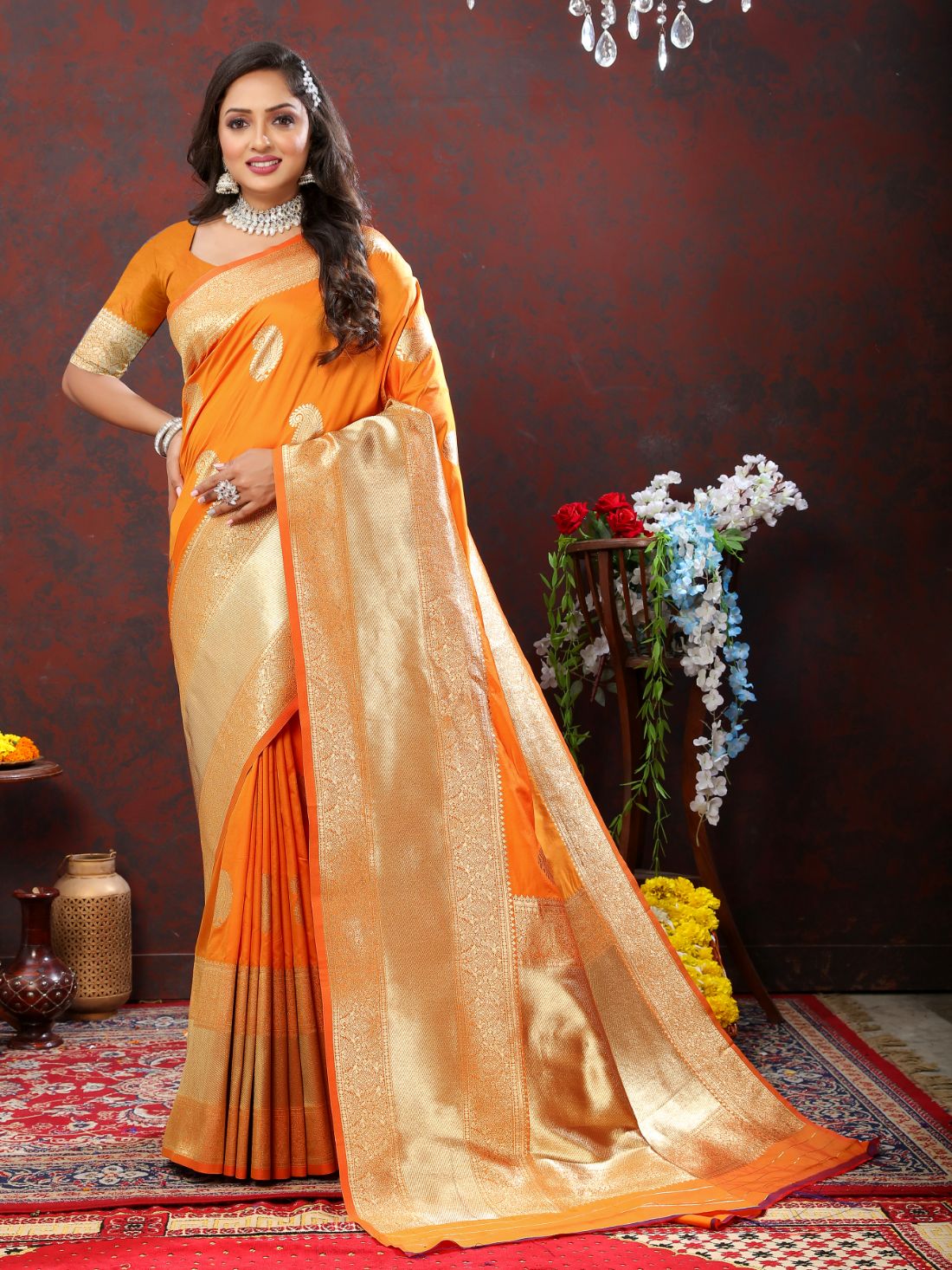 Orange Color Exclusive Soft Silk Zari Woven Work With Rich Pallu and Contrast Border With Tessels Women's Saree with Unstiched Blouse Pieces.