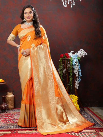 Orange Color Exclusive Soft Silk Zari Woven Work With Rich Pallu and Contrast Border With Tessels Women's Saree with Unstiched Blouse Pieces.