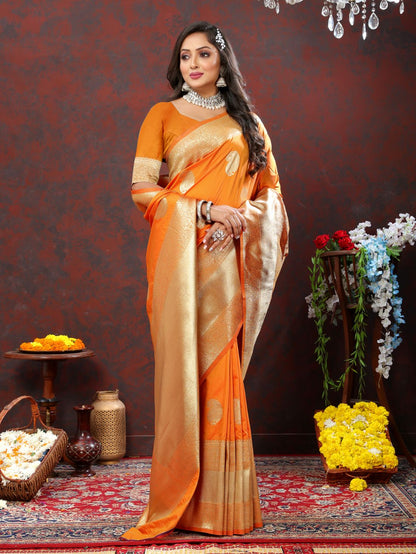 Orange Color Exclusive Soft Silk Zari Woven Work With Rich Pallu and Contrast Border With Tessels Women's Saree with Unstiched Blouse Pieces.