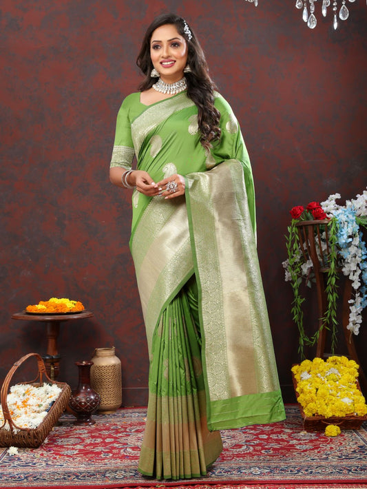 Light Green Color Exclusive Soft Silk Zari Woven Work With Rich Pallu and Contrast Border With Tessels Women's Saree with Unstiched Blouse Pieces.