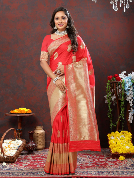 Red Color Exclusive Soft Silk Zari Woven Work With Rich Pallu and Contrast Border With Tessels Women's Saree with Unstiched Blouse Pieces.