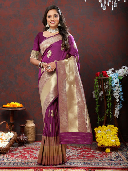 Purple Color Exclusive Soft Silk Zari Woven Work With Rich Pallu and Contrast Border With Tessels Women's Saree with Unstiched Blouse Pieces.