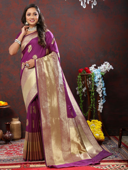 Purple Color Exclusive Soft Silk Zari Woven Work With Rich Pallu and Contrast Border With Tessels Women's Saree with Unstiched Blouse Pieces.