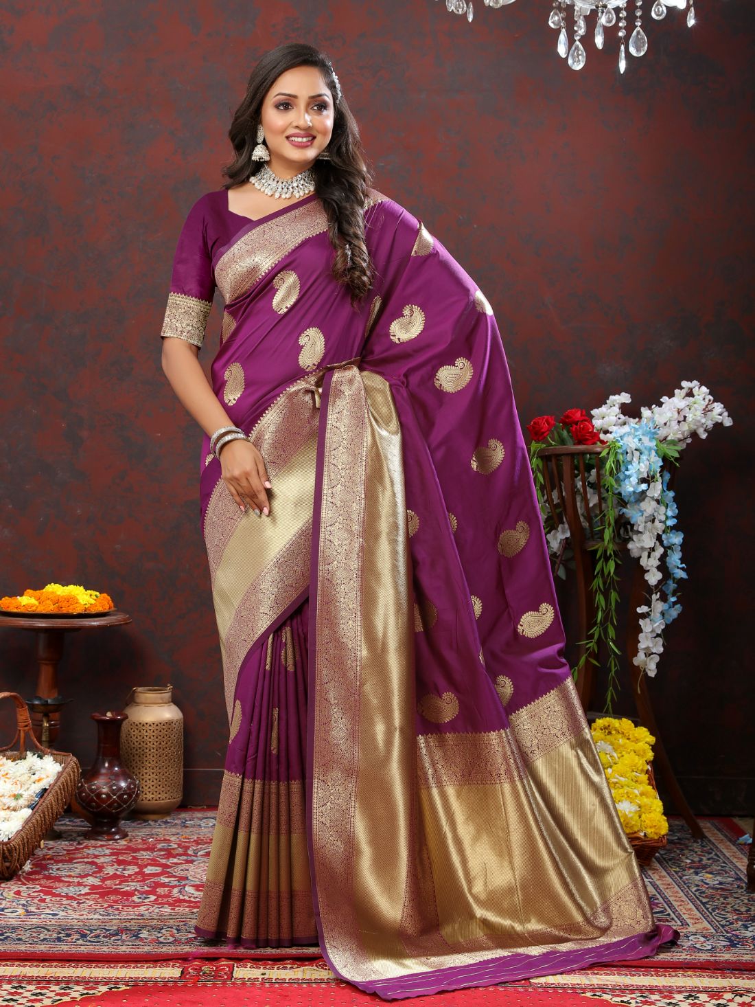 Purple Color Exclusive Soft Silk Zari Woven Work With Rich Pallu and Contrast Border With Tessels Women's Saree with Unstiched Blouse Pieces.