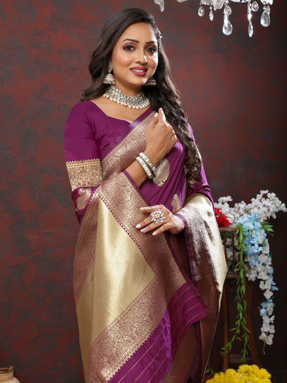 Purple Color Exclusive Soft Silk Zari Woven Work With Rich Pallu and Contrast Border With Tessels Women's Saree with Unstiched Blouse Pieces.