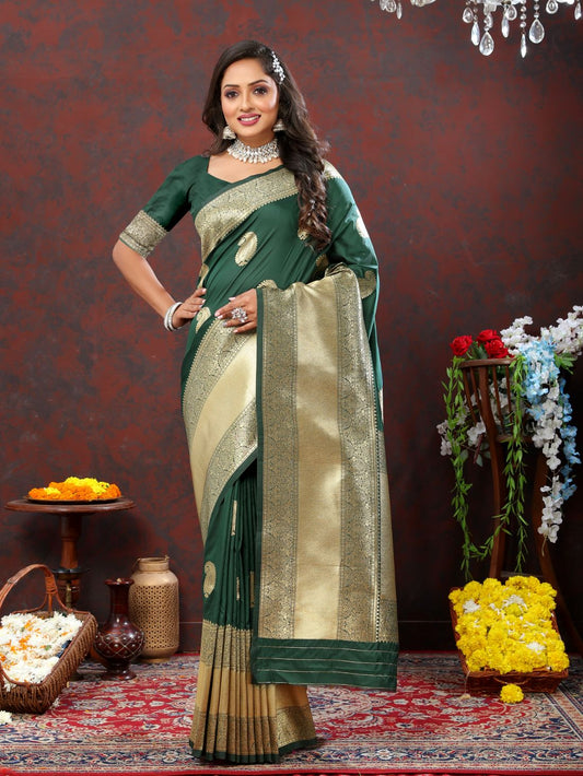 Dark Green Color Exclusive Soft Silk Zari Woven Work With Rich Pallu and Contrast Border With Tessels Women's Saree with Unstiched Blouse Pieces.