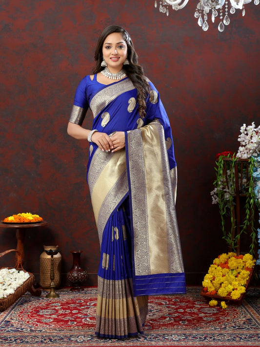 Royal Blue Color Exclusive Soft Silk Zari Woven Work With Rich Pallu and Contrast Border With Tessels Women's Saree with Unstiched Blouse Pieces.