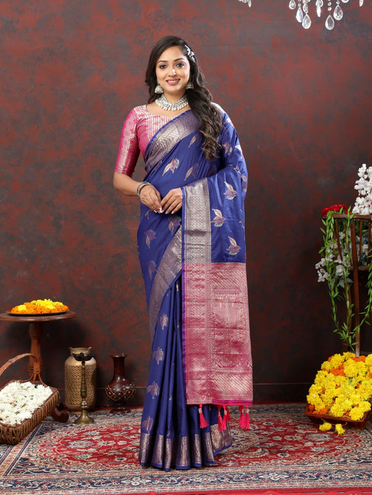 Nevy Blue Color Exclusive Soft Silk Zari Woven Work With Rich Pallu and Contrast Border With Tessels Women's Saree with Unstiched Blouse Pieces.