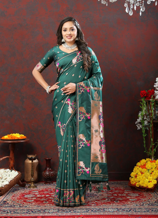 Dark Green Color Zari Woven Soft Paithani Silk Sarees With Rich Weaving Pallu with tassels.