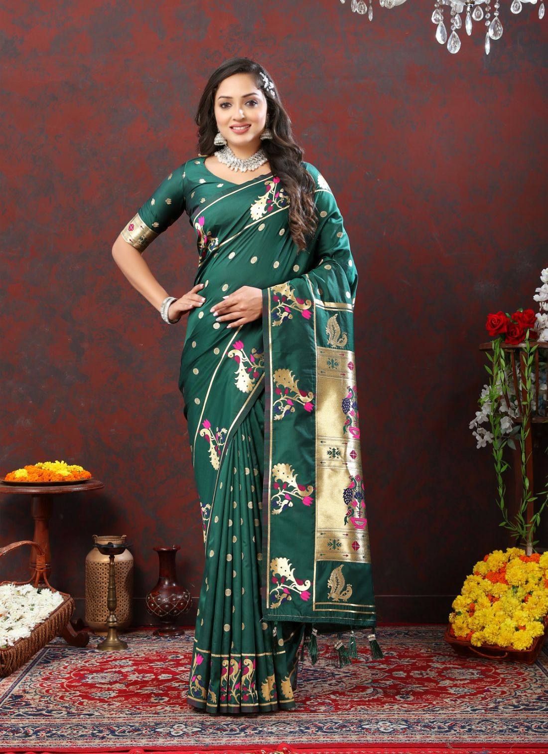 Dark Green Color Golden Zari Woven Soft Paithani Silk Sarees With Rich Weaving Pallu with tassels.