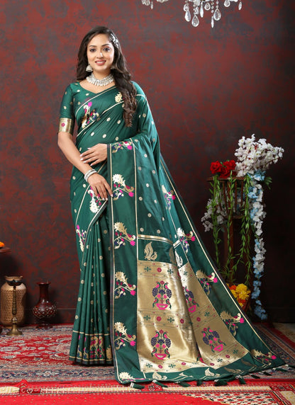 Dark Green Color Golden Zari Woven Soft Paithani Silk Sarees With Rich Weaving Pallu with tassels.