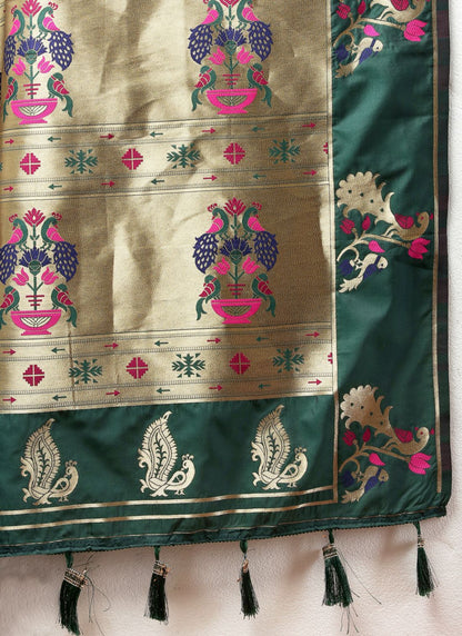 Dark Green Color Golden Zari Woven Soft Paithani Silk Sarees With Rich Weaving Pallu with tassels.