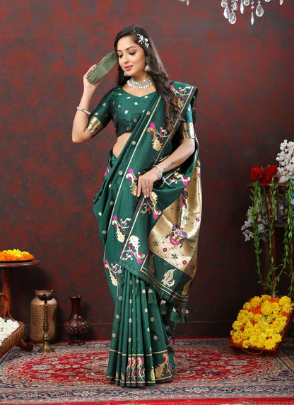 Dark Green Color Golden Zari Woven Soft Paithani Silk Sarees With Rich Weaving Pallu with tassels.