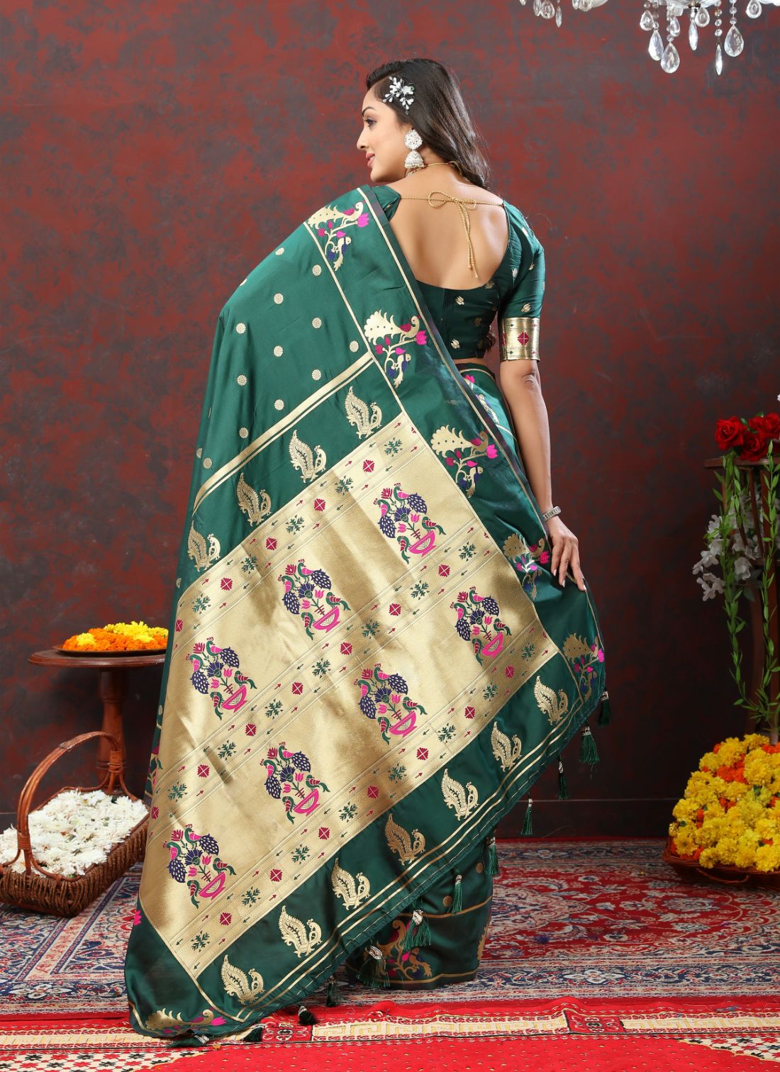 Dark Green Color Golden Zari Woven Soft Paithani Silk Sarees With Rich Weaving Pallu with tassels.