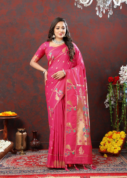 Pink Color Zari Woven Soft Paithani Silk Sarees With Rich Weaving Pallu with tassels.