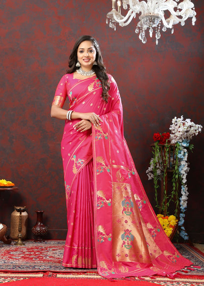 Pink Color Zari Woven Soft Paithani Silk Sarees With Rich Weaving Pallu with tassels.