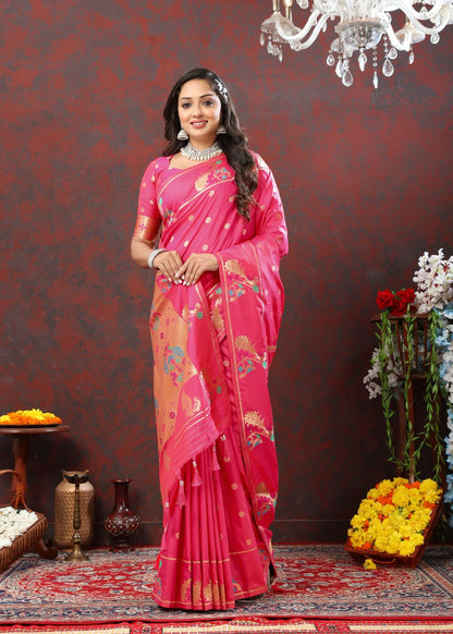 Pink Color Zari Woven Soft Paithani Silk Sarees With Rich Weaving Pallu with tassels.