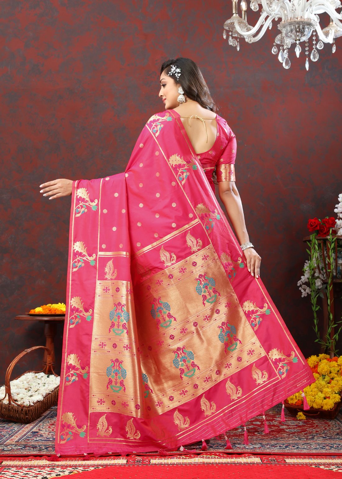 Pink Color Zari Woven Soft Paithani Silk Sarees With Rich Weaving Pallu with tassels.